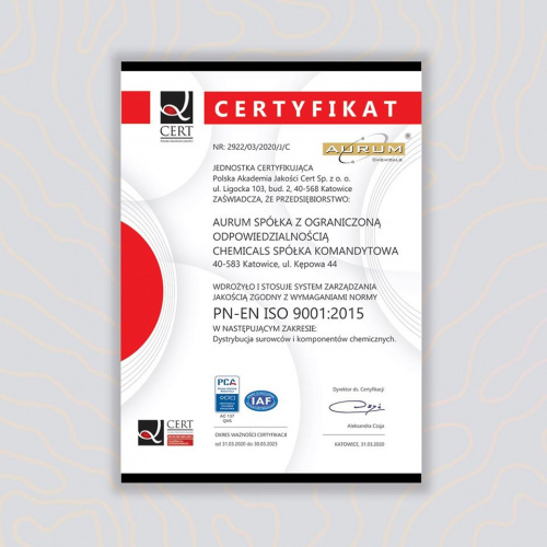 Aurum Chemicals uzyskał certyfikat ISO9001:2015!